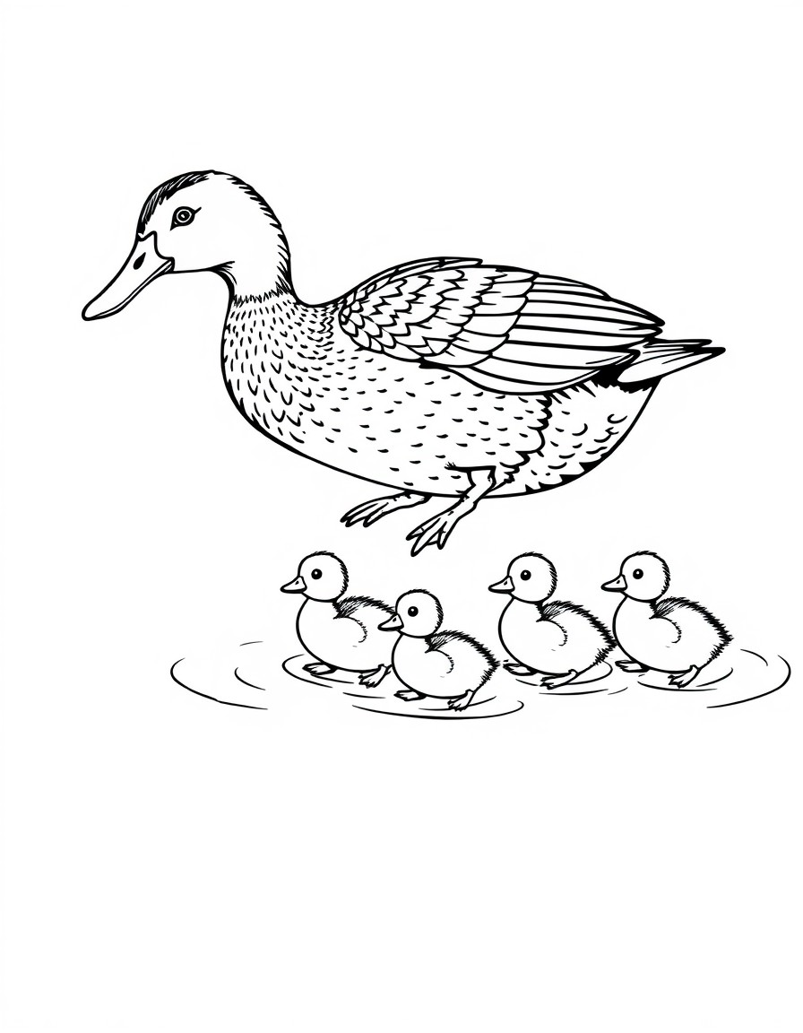 one duck and four duckling jump into the water