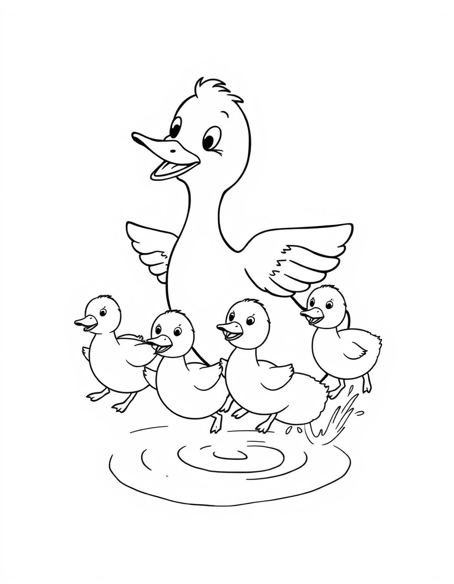 happy duck with four ducklings jump into the water