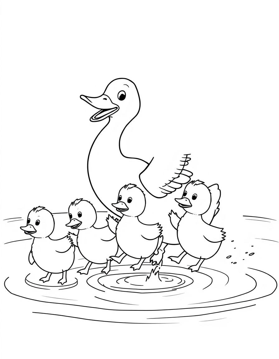 happy duck with four ducklings jump into the water