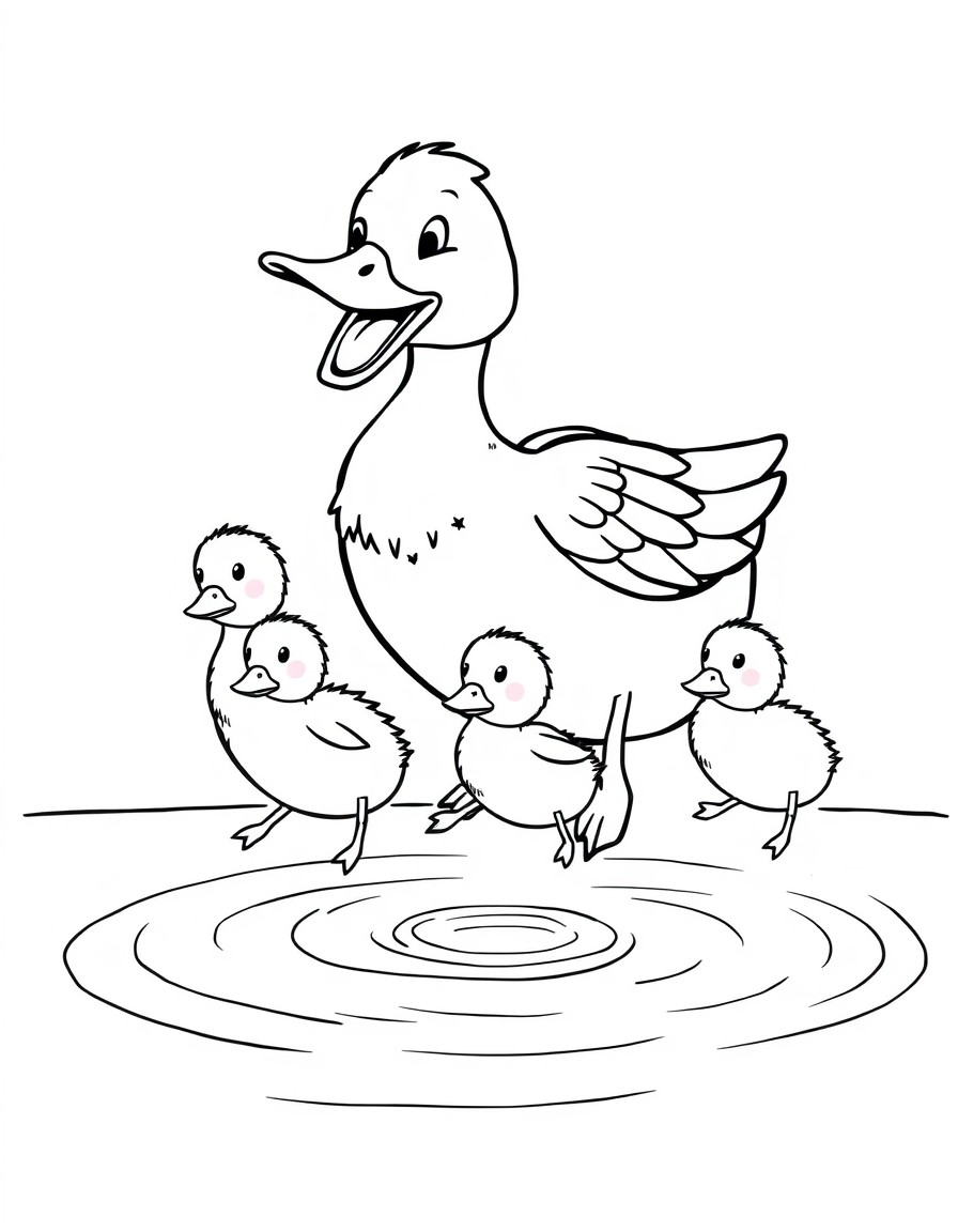 happy duck with four ducklings jump into the water