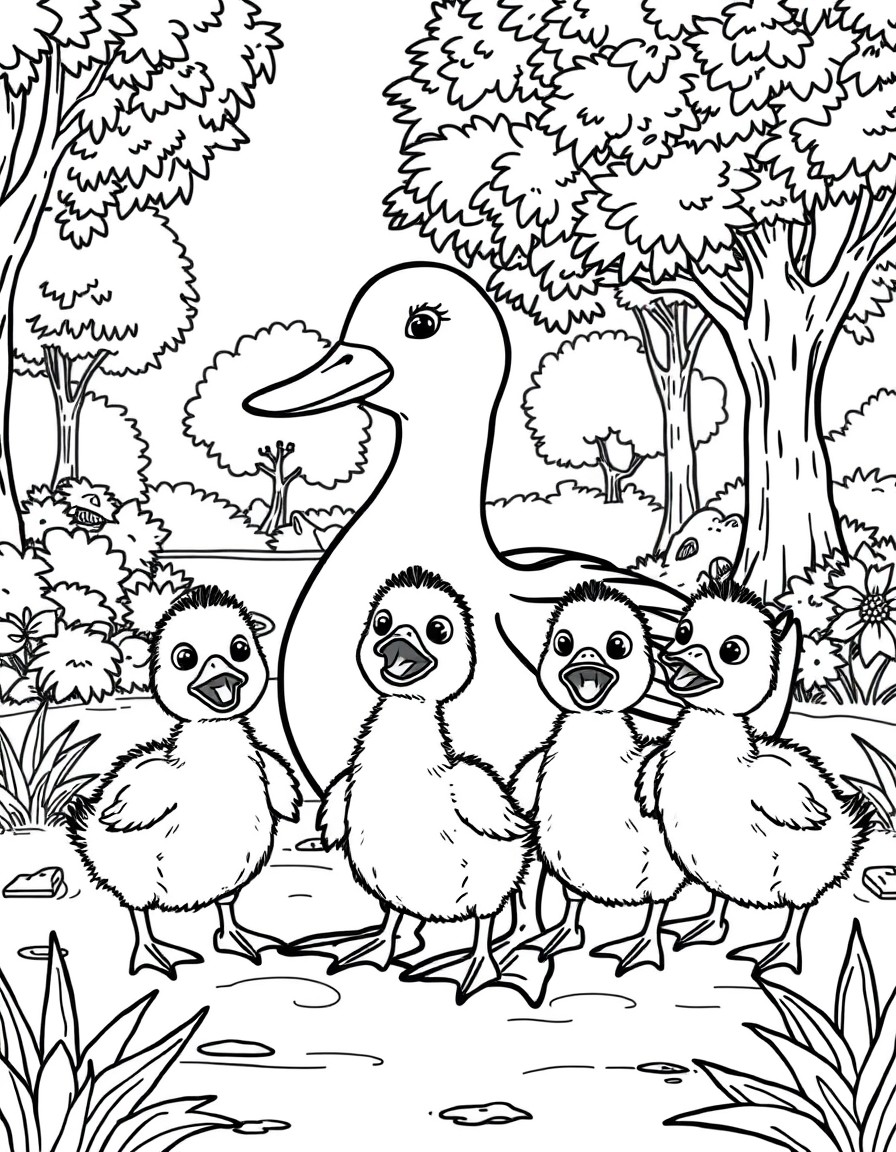 a duck with four scared ducklings in a park