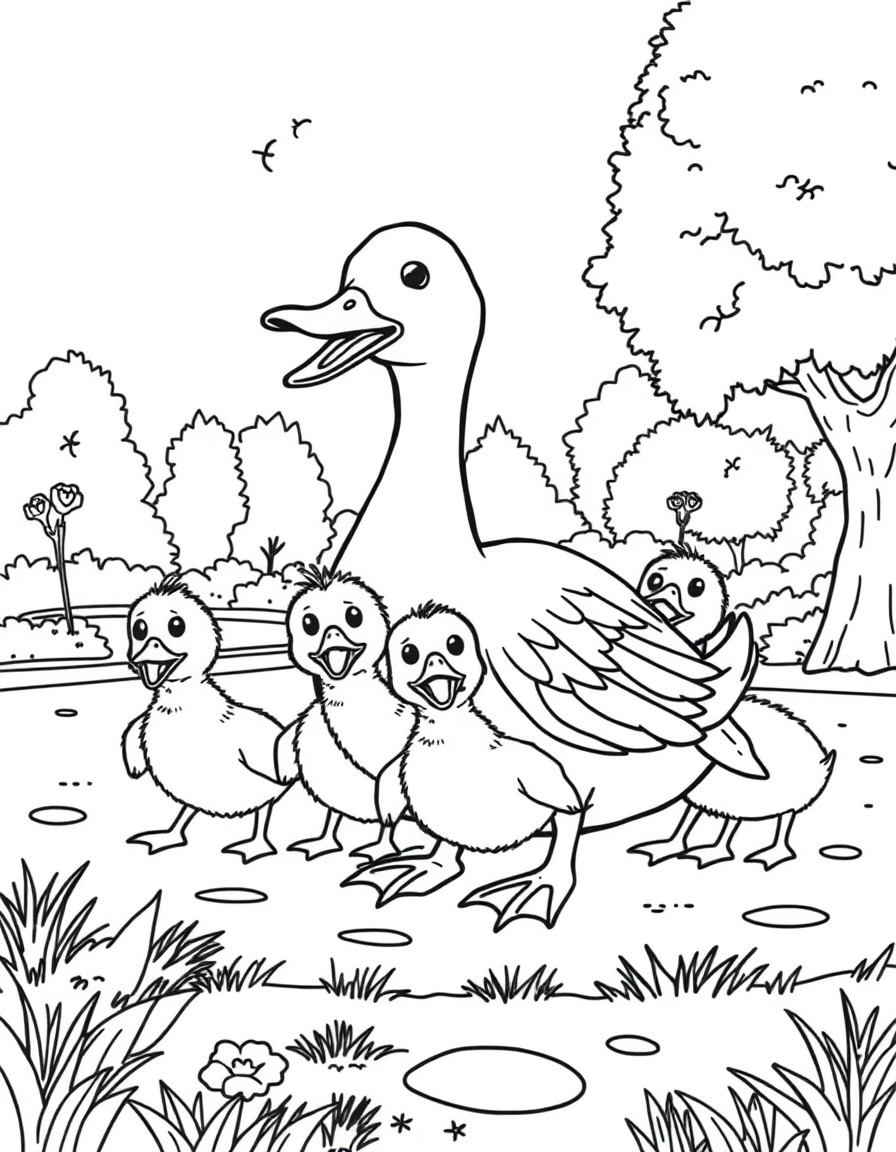 a duck with four scared ducklings in a park