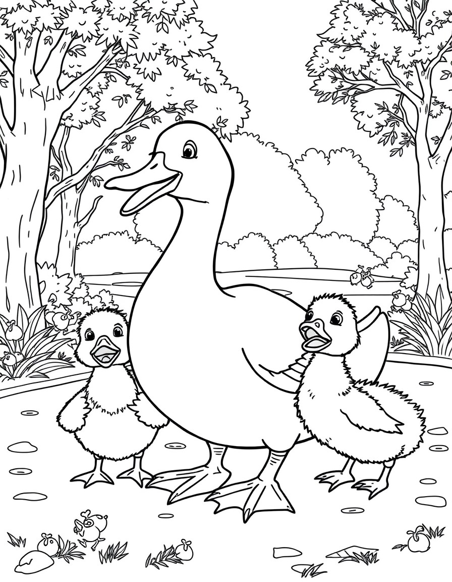 a duck with four scared ducklings in a park