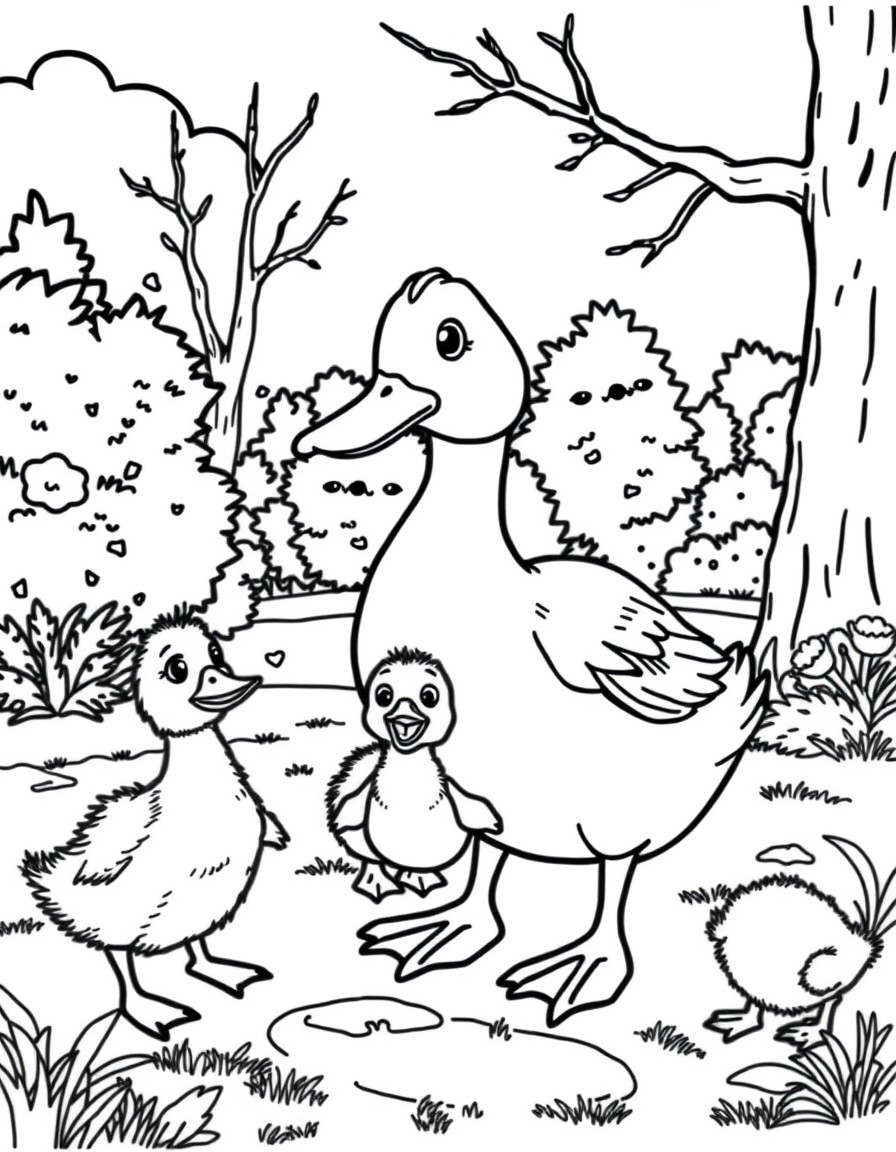 a duck with four scared ducklings in a park