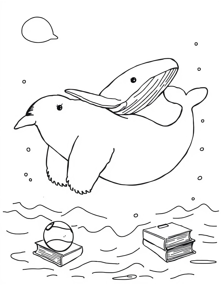 floating polar bear, whale, books, football