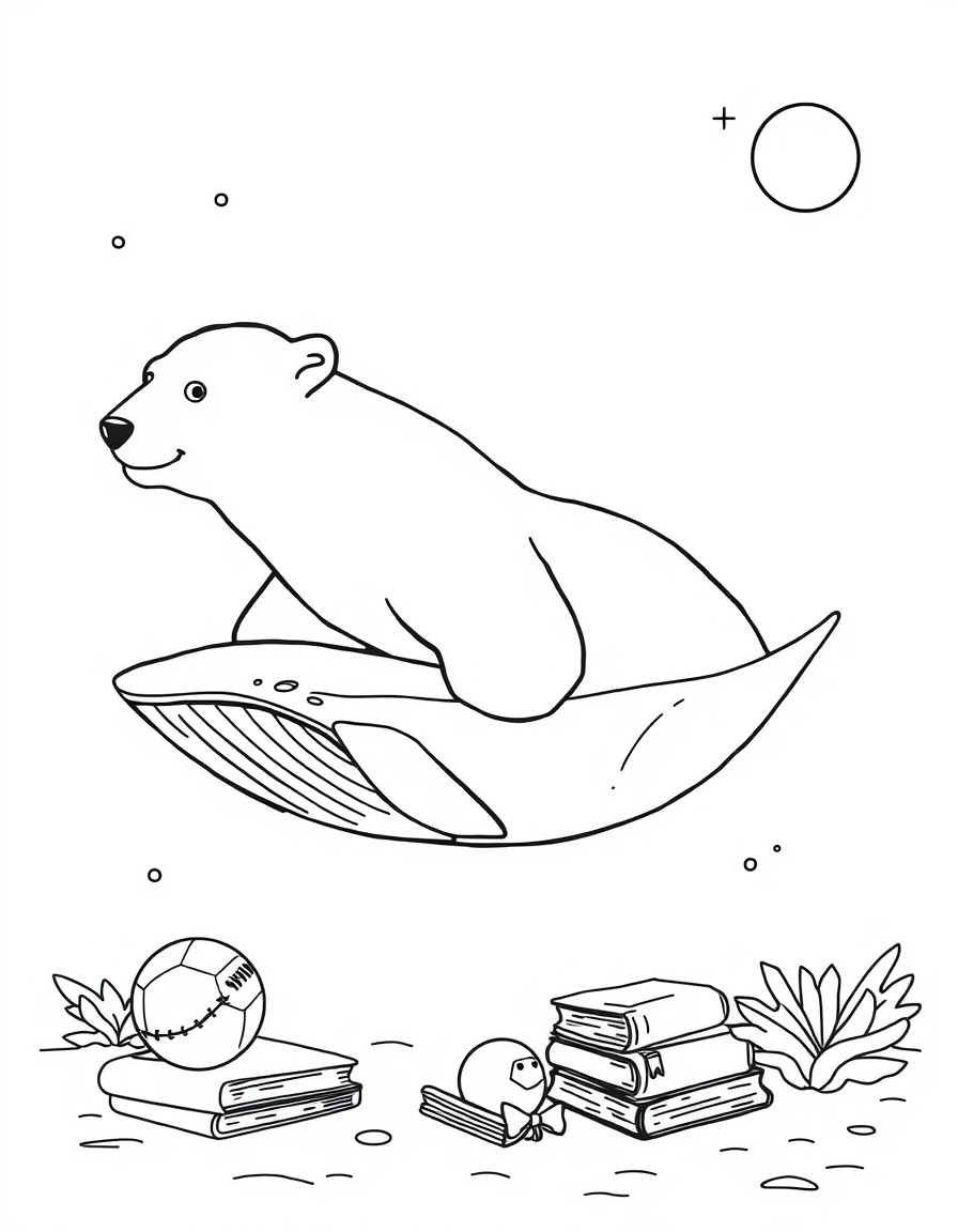 floating polar bear, whale, books, football