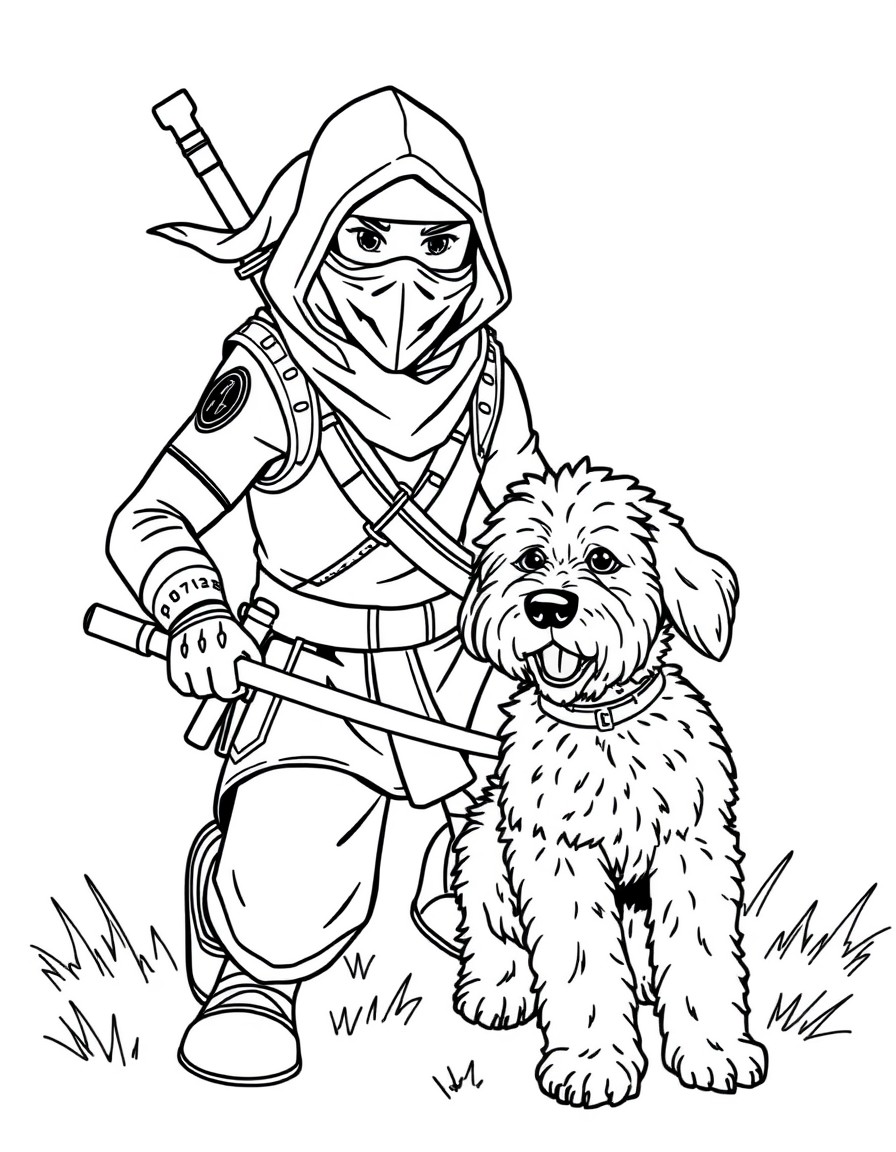 A Ninja Fortnite character playing with an Australian Labradoodle