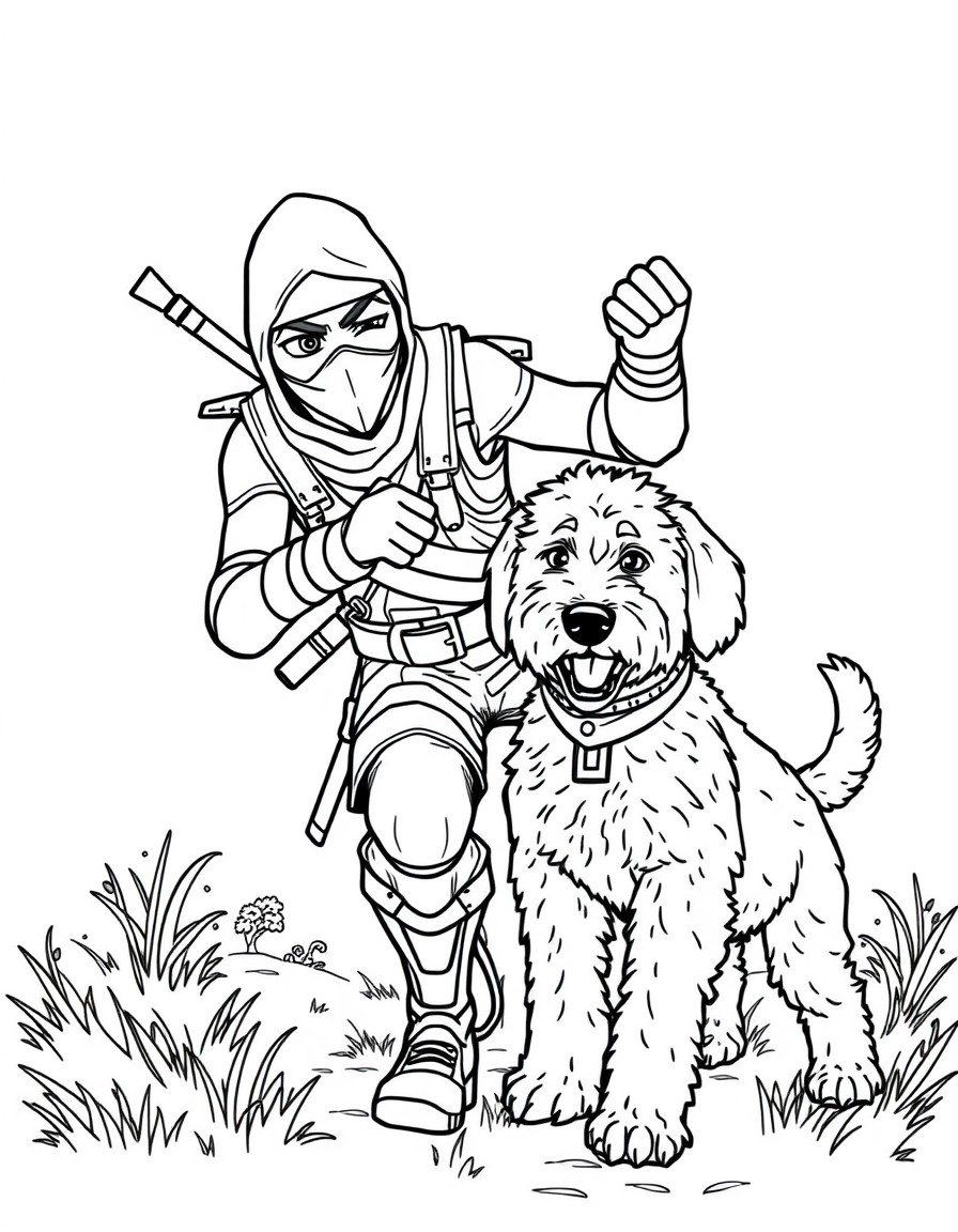 A Ninja Fortnite character playing with an Australian Labradoodle