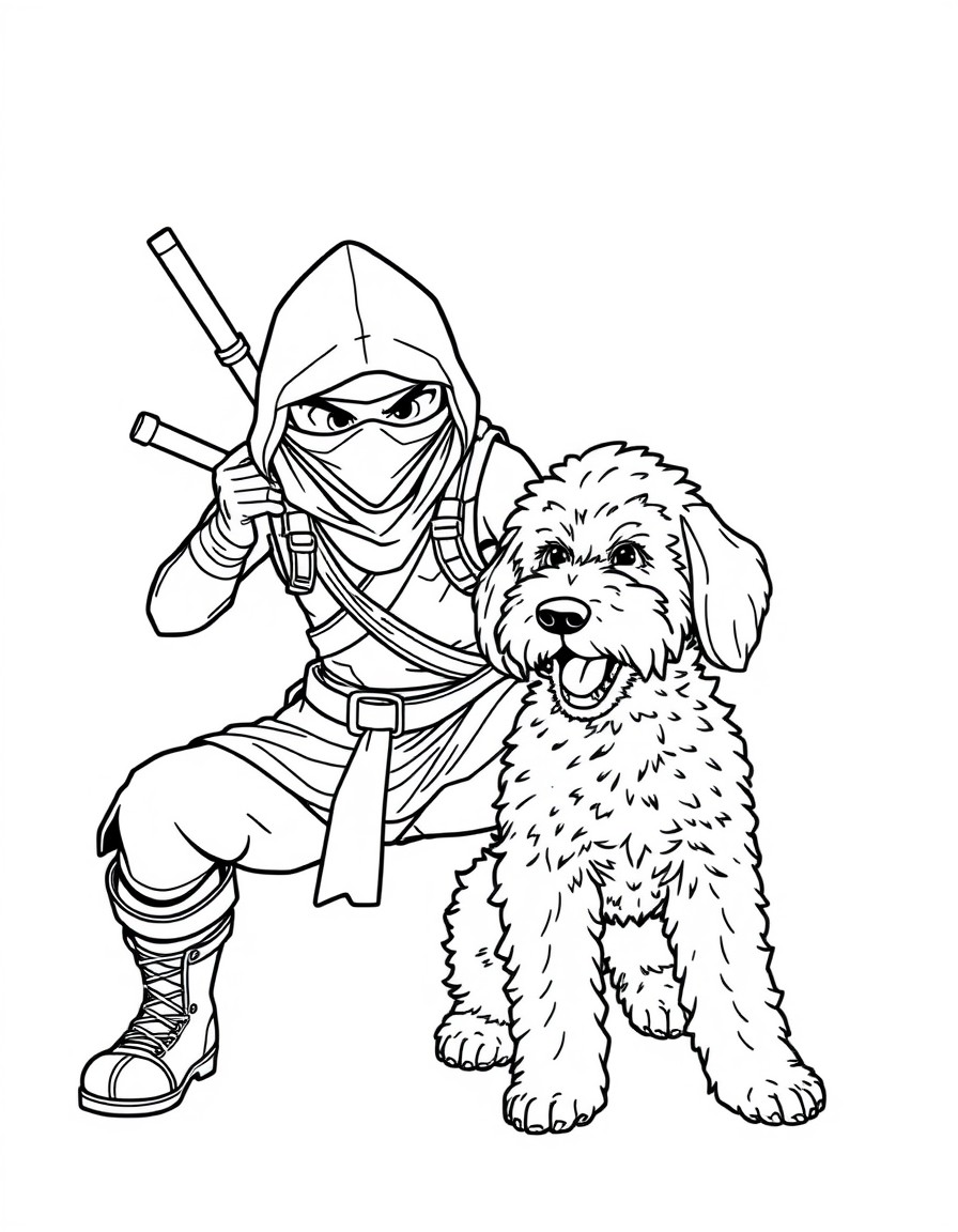 A Ninja Fortnite character playing with an Australian Labradoodle