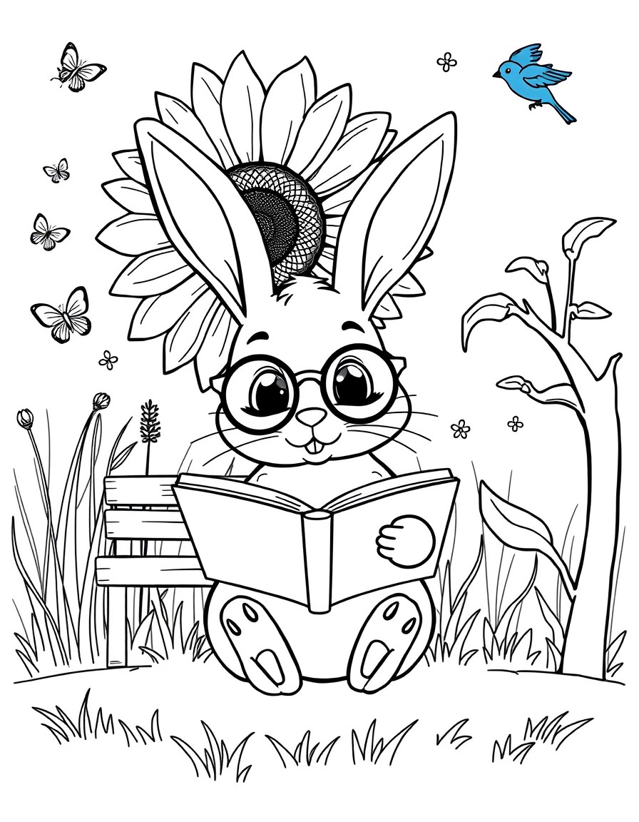 A cute bunny wearing round glasses, reading an open book under a giant sunflower. Background includes tall grass, fluttering butterflies, a small wooden bench, and a bluebird sitting on a tree branch