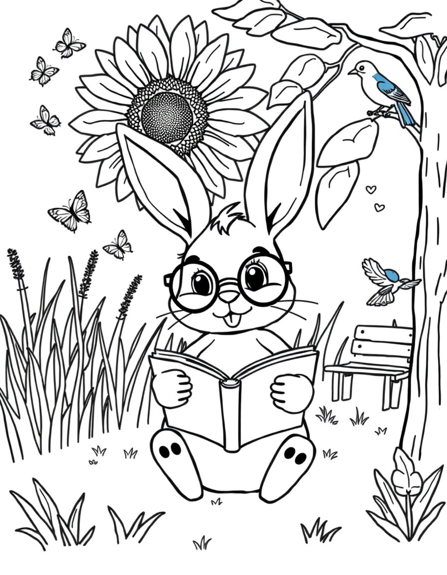 A cute bunny wearing round glasses, reading an open book under a giant sunflower. Background includes tall grass, fluttering butterflies, a small wooden bench, and a bluebird sitting on a tree branch