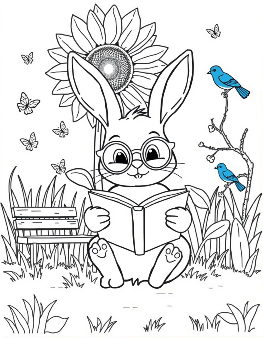 A cute bunny wearing round glasses, reading an open book under a giant sunflower. Background includes tall grass, fluttering butterflies, a small wooden bench, and a bluebird sitting on a tree branch