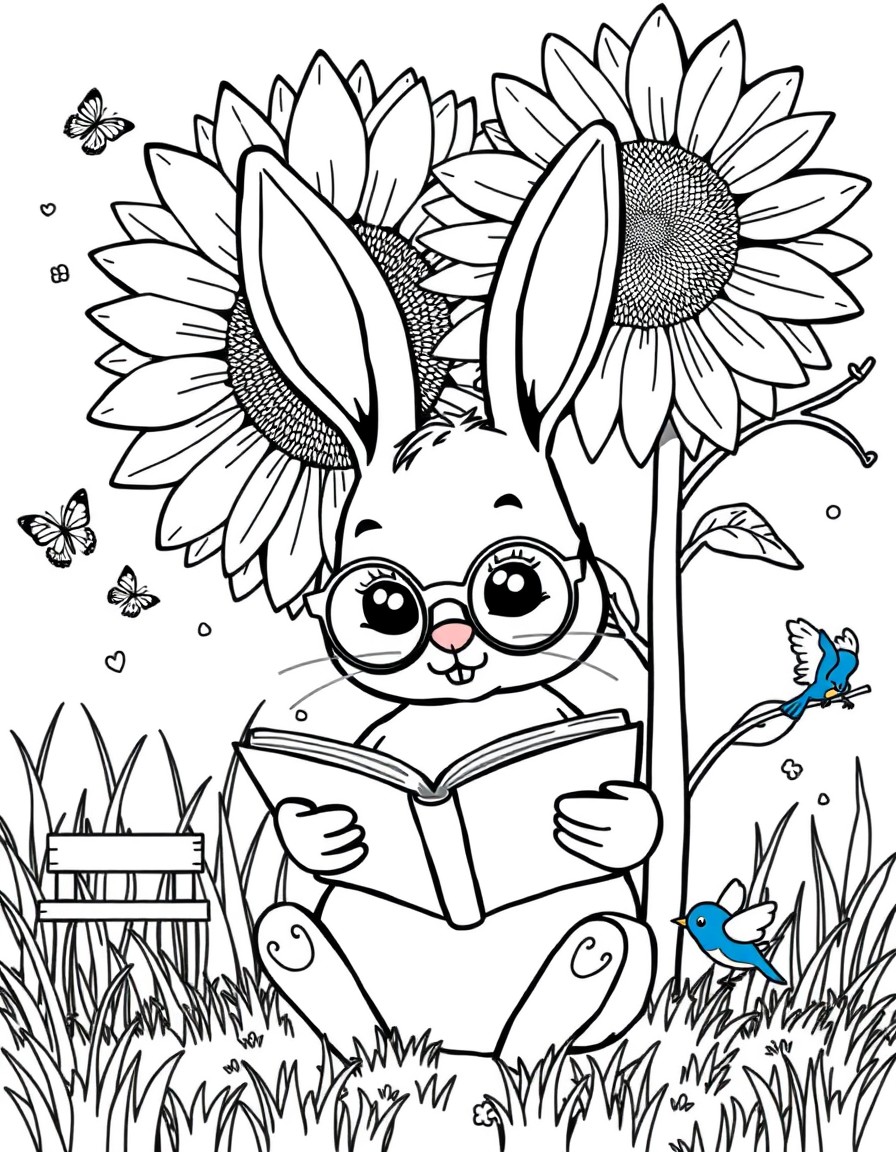 A cute bunny wearing round glasses, reading an open book under a giant sunflower. Background includes tall grass, fluttering butterflies, a small wooden bench, and a bluebird sitting on a tree branch