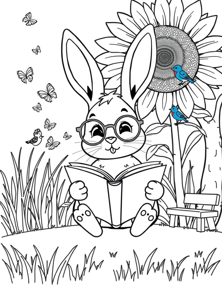 A cute bunny wearing round glasses, reading an open book under a giant sunflower. Background includes tall grass, fluttering butterflies, a small wooden bench, and a bluebird sitting on a tree branch
