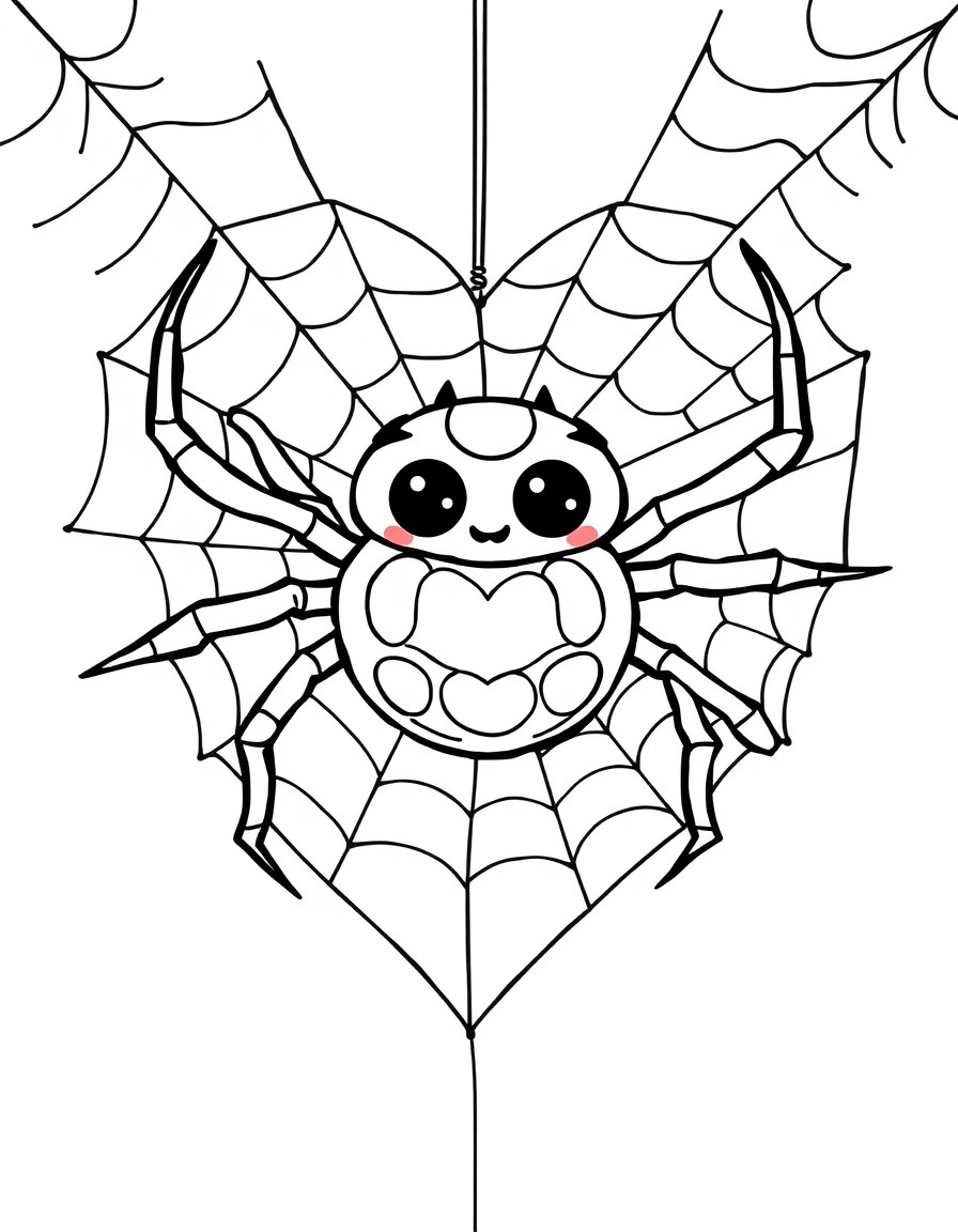 kawaii spooky spider weaving a heart shaped web