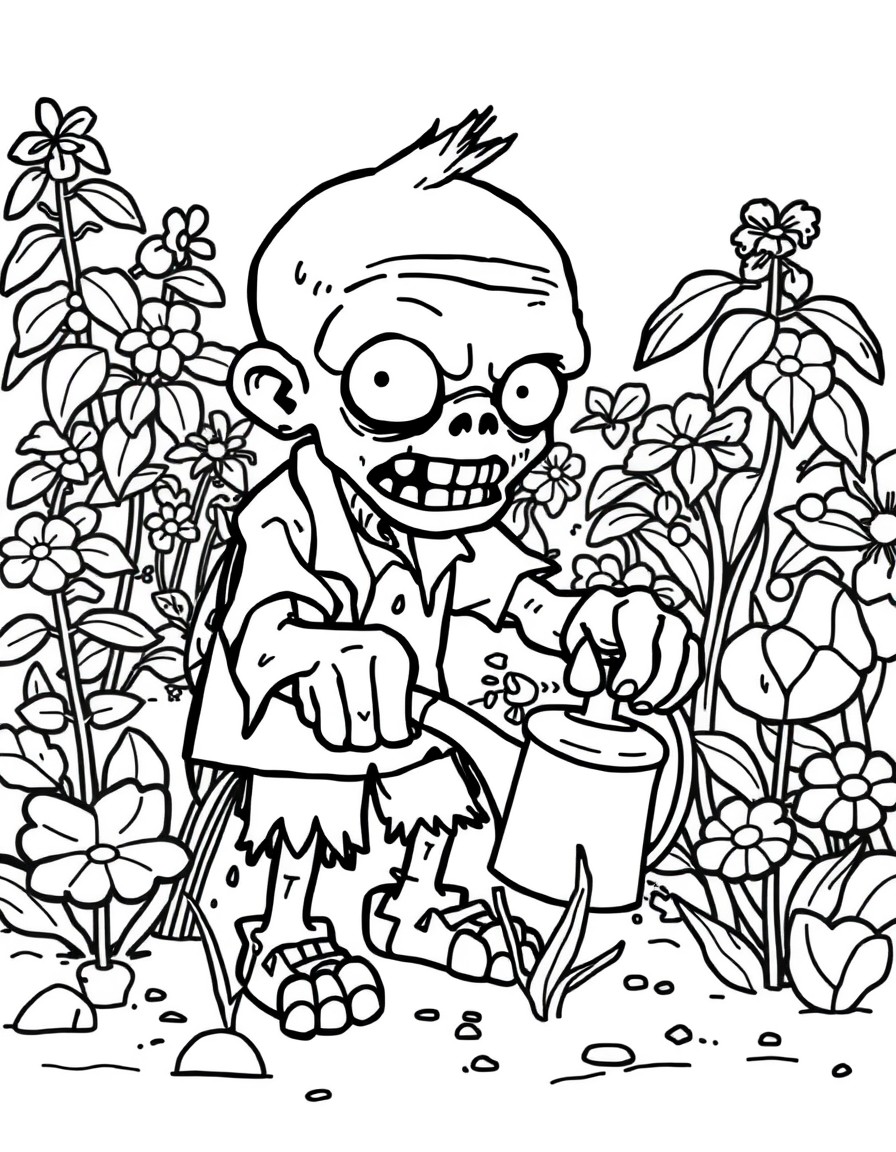 a friendly zombie watering a garden