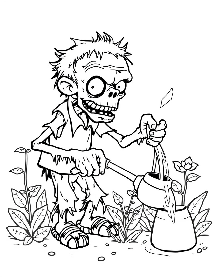 a friendly zombie watering a garden