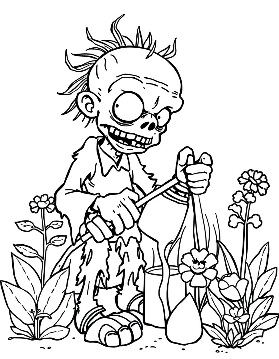 a friendly zombie watering a garden