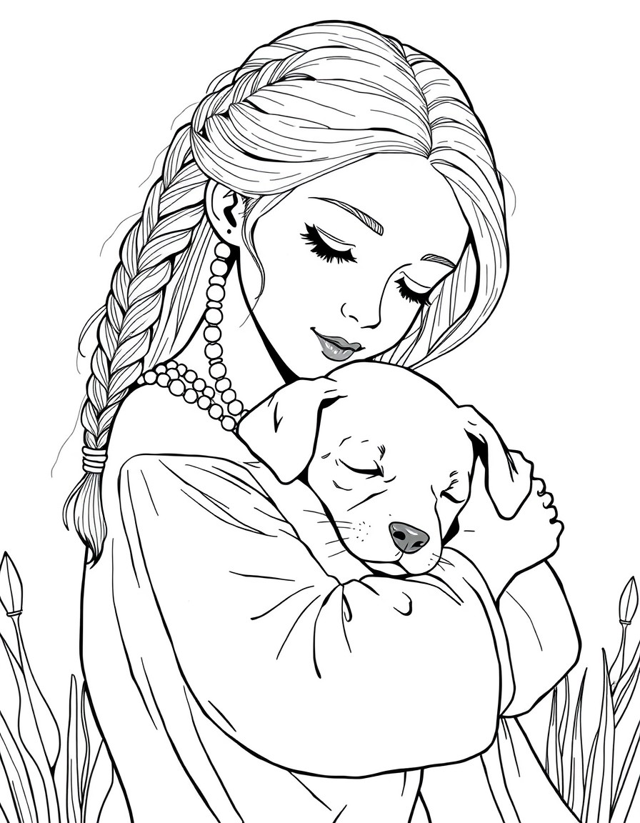 An ethereal heartwarming scene of a young woman embracing a sleeping puppy. Her braided blonde hair glows softly in the golden light adorned with bohemian beads. She wears a flowy sheer fabric with in