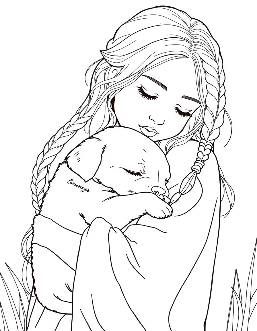 An ethereal heartwarming scene of a young woman embracing a sleeping puppy. Her braided blonde hair glows softly in the golden light adorned with bohemian beads. She wears a flowy sheer fabric with in