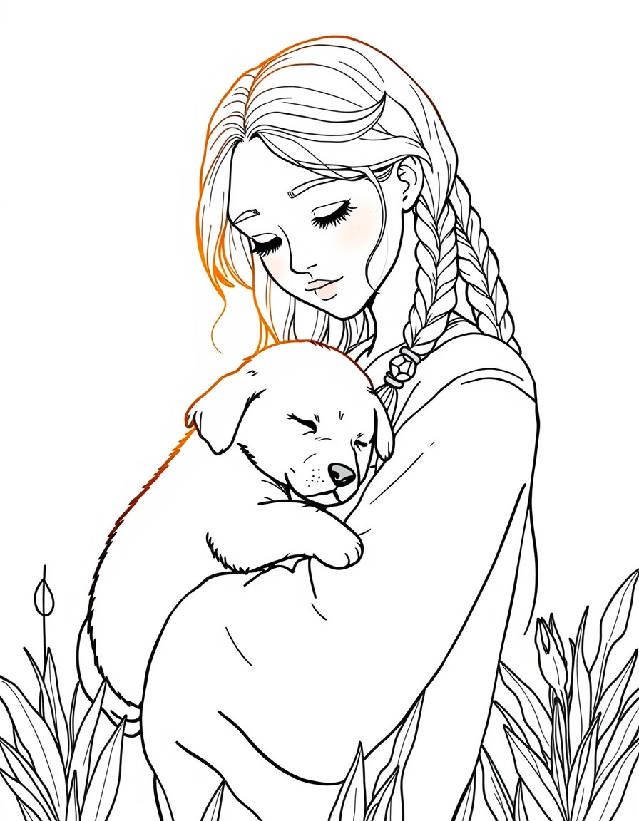 An ethereal heartwarming scene of a young woman embracing a sleeping puppy. Her braided blonde hair glows softly in the golden light adorned with bohemian beads. She wears a flowy sheer fabric with in