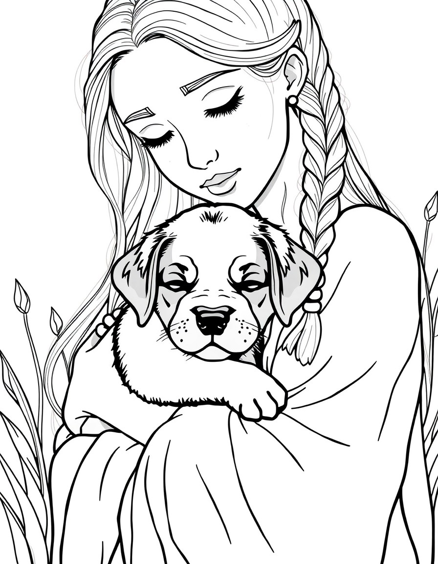 An ethereal heartwarming scene of a young woman embracing a sleeping puppy. Her braided blonde hair glows softly in the golden light adorned with bohemian beads. She wears a flowy sheer fabric with in