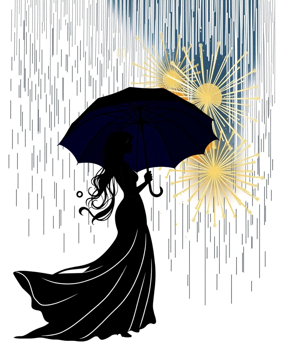 a silhouette of a woman in a flowing midnight blue gown holding a black umbrella as rain cascades softly from above. Golden bursts of light shimmer in the background resembling magical fireworks and r