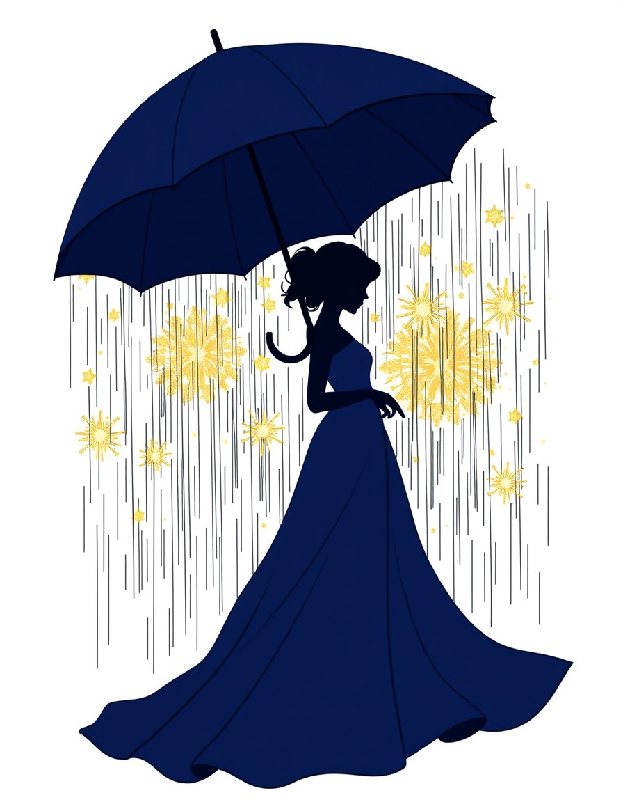 a silhouette of a woman in a flowing midnight blue gown holding a black umbrella as rain cascades softly from above. Golden bursts of light shimmer in the background resembling magical fireworks and r