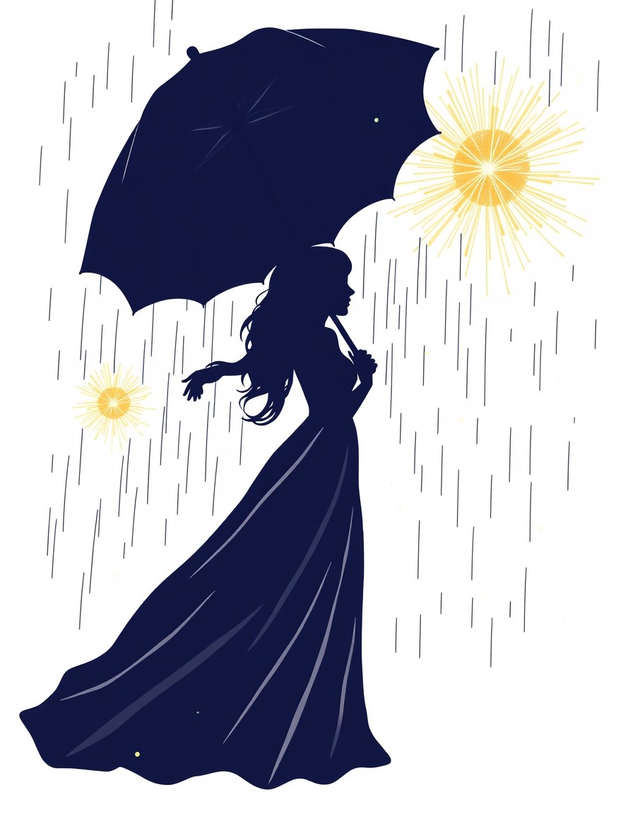 a silhouette of a woman in a flowing midnight blue gown holding a black umbrella as rain cascades softly from above. Golden bursts of light shimmer in the background resembling magical fireworks and r