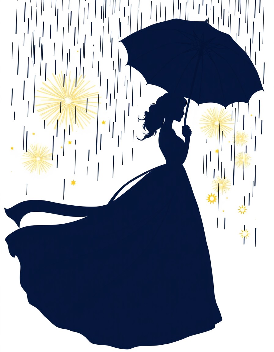 a silhouette of a woman in a flowing midnight blue gown holding a black umbrella as rain cascades softly from above. Golden bursts of light shimmer in the background resembling magical fireworks and r