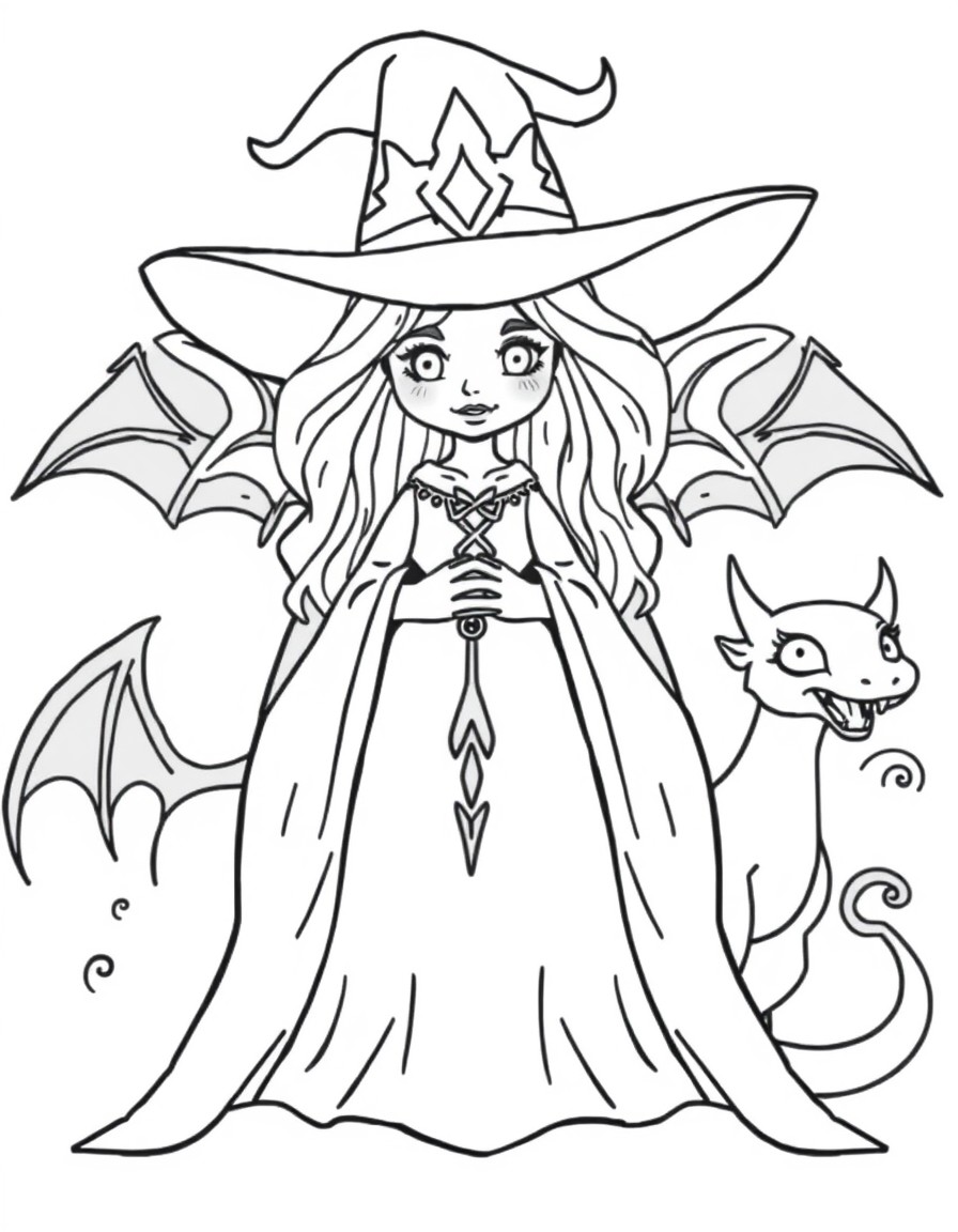 Witch queen with 2 common mythical creatures behind her