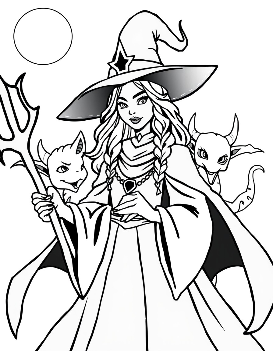 Witch queen with 2 common mythical creatures behind her