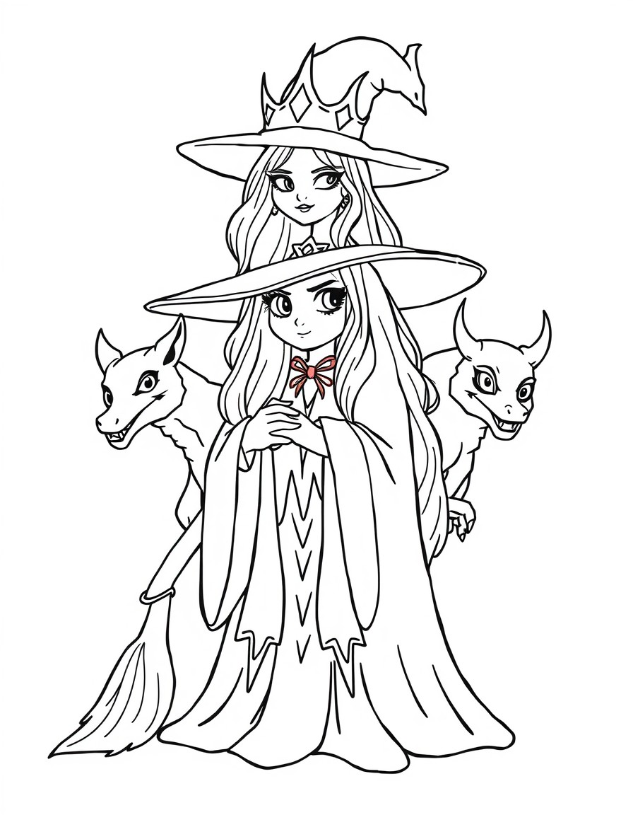 Witch queen with 2 common mythical creatures behind her