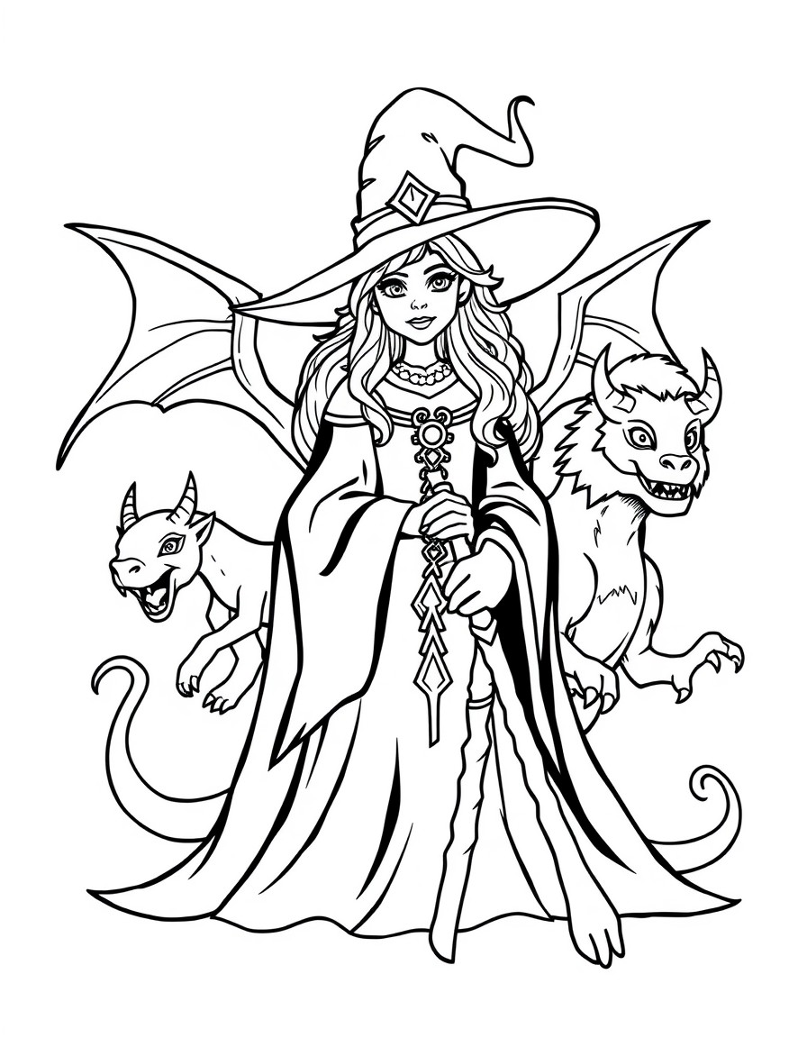 Witch queen with 2 common mythical creatures behind her