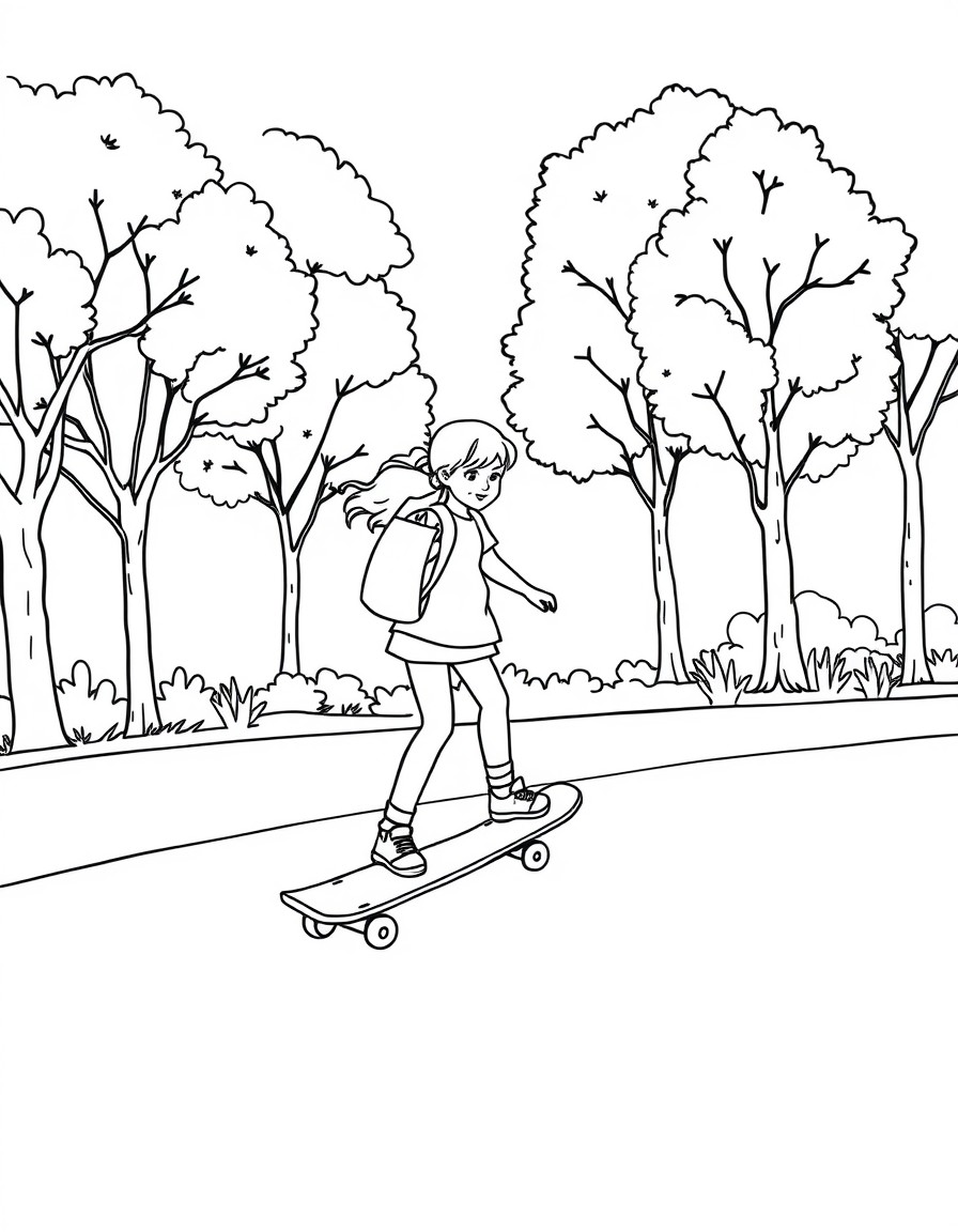 A girl on a skateboard going through a park