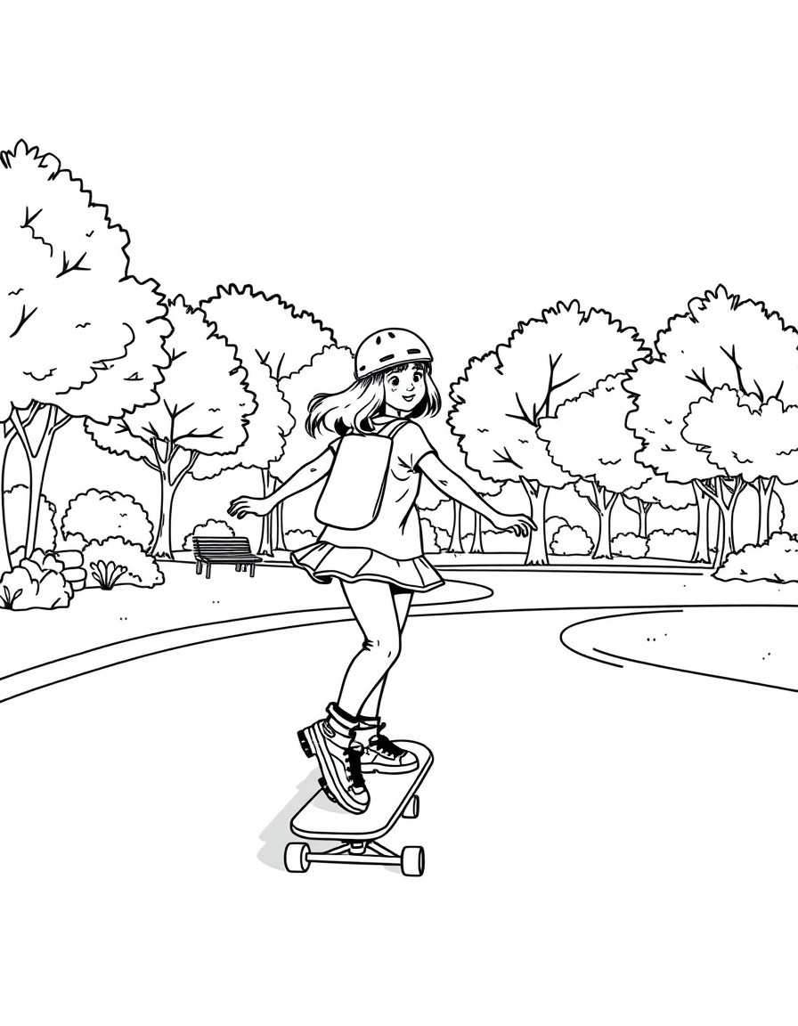 A girl on a skateboard going through a park