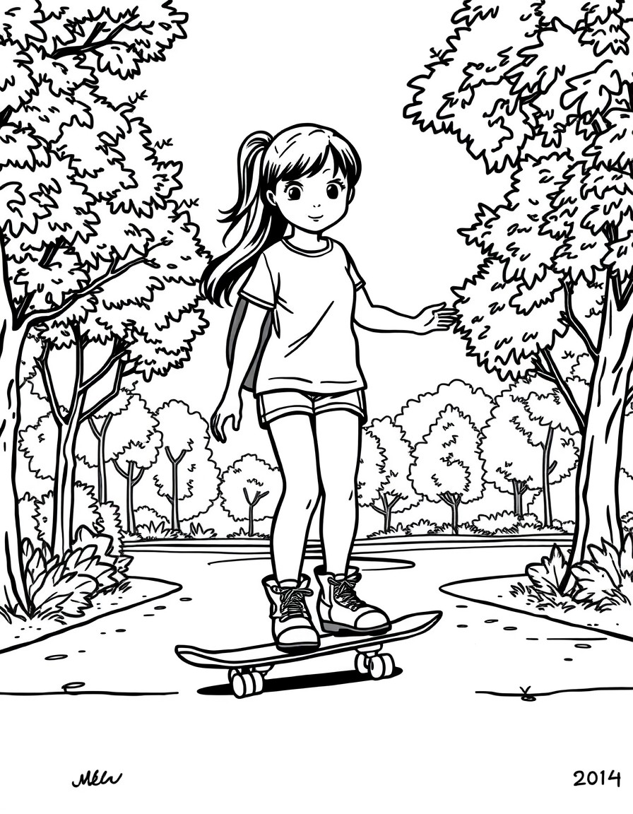 A girl on a skateboard going through a park