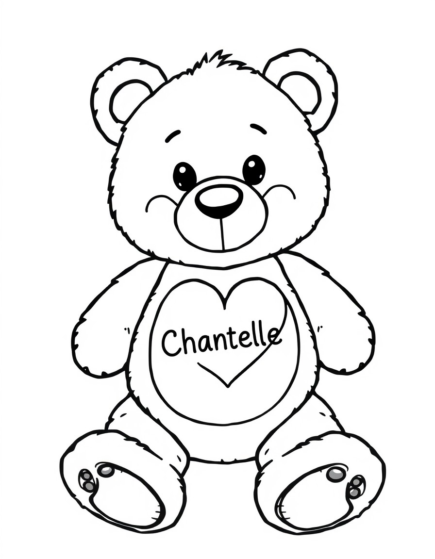 a cute stuffed bear care bear with a heart on its belly and the word Chantelle written in it