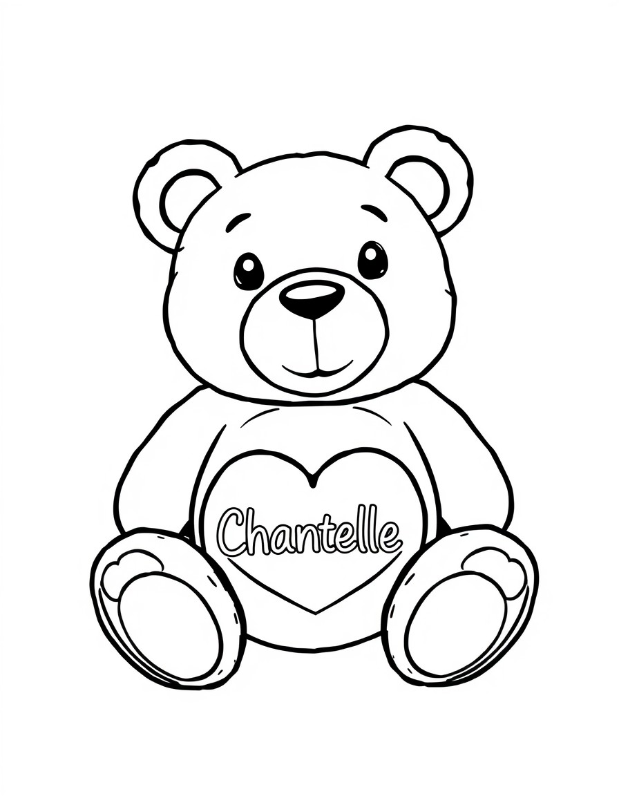 a cute stuffed bear care bear with a heart on its belly and the word Chantelle written in it