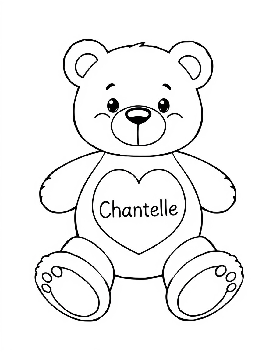 a cute stuffed bear care bear with a heart on its belly and the word Chantelle written in it