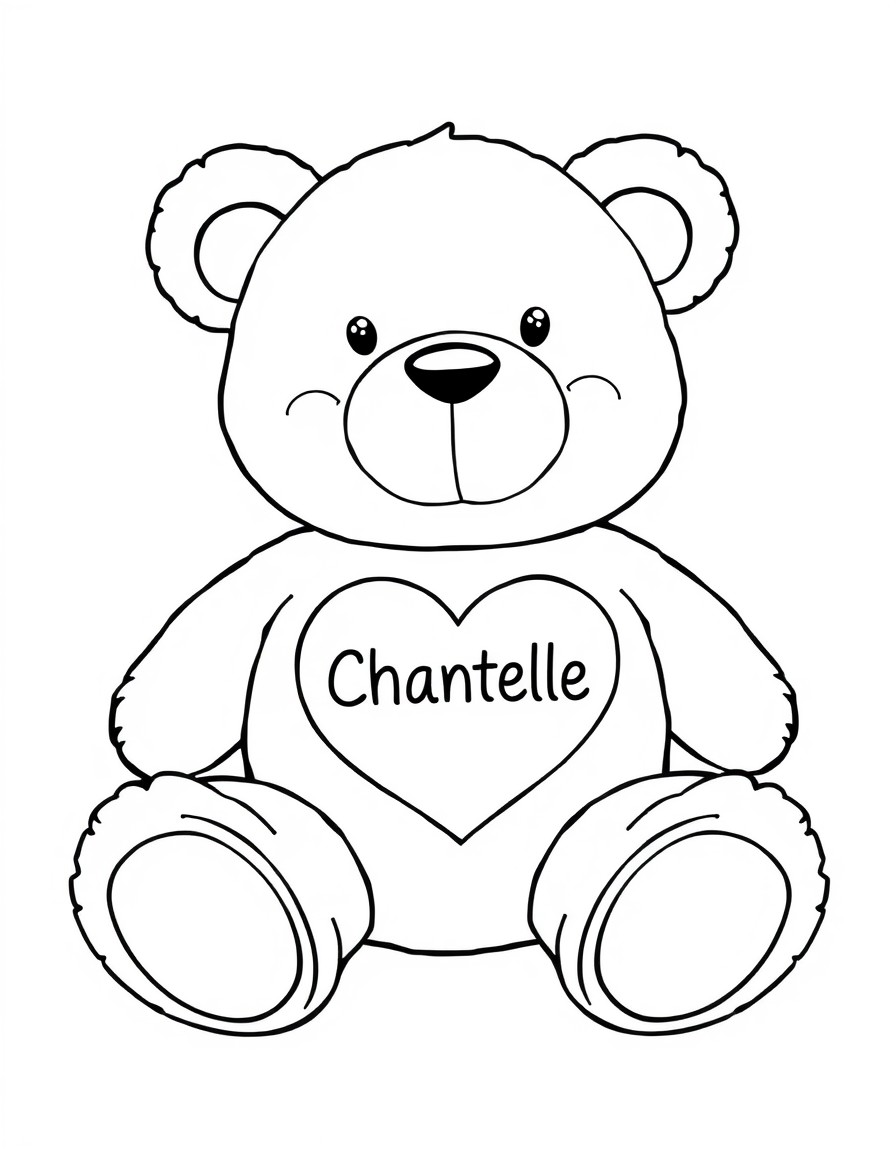 a cute stuffed bear care bear with a heart on its belly and the word Chantelle written in it. advanced coloring