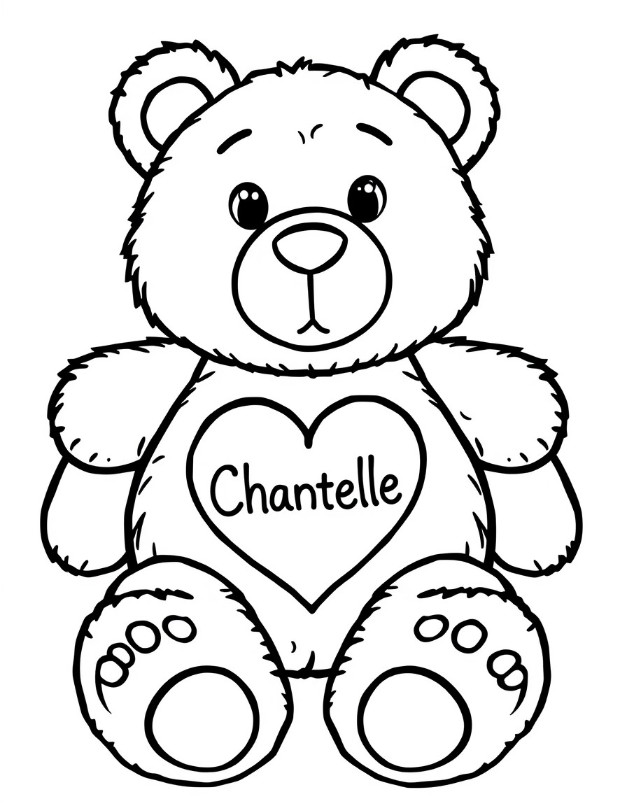 a cute stuffed bear care bear with a heart on its belly and the word Chantelle written in it. advanced coloring