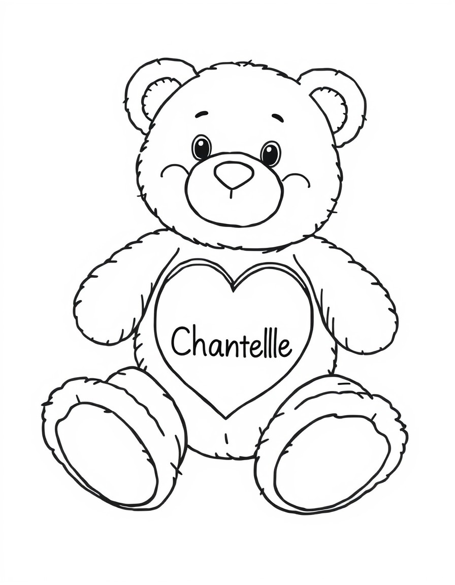 a cute stuffed bear care bear with a heart on its belly and the word Chantelle written in it. advanced coloring