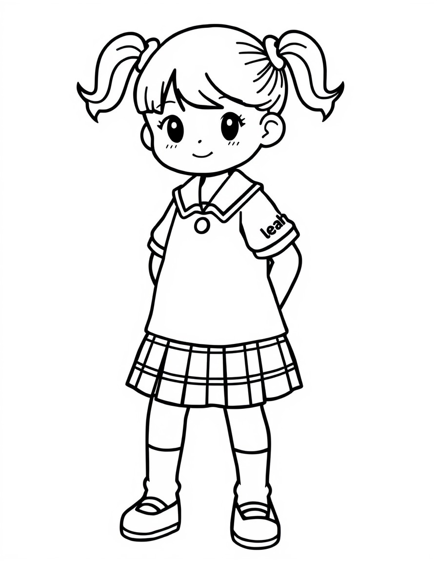 cute school girl withplaid uniform skirt and the name "leah" on the sleeve