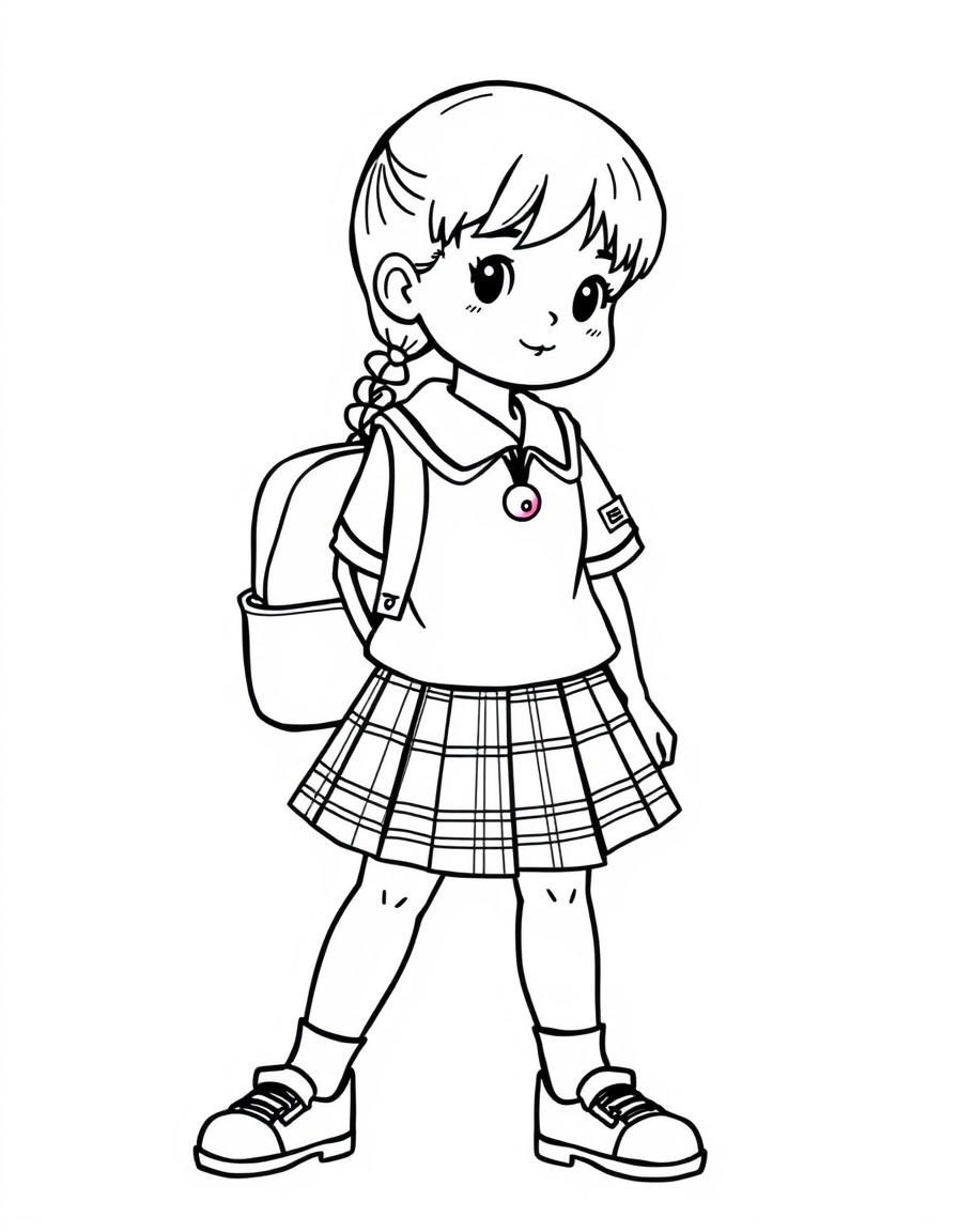 cute school girl withplaid uniform skirt and the name "leah" on the sleeve