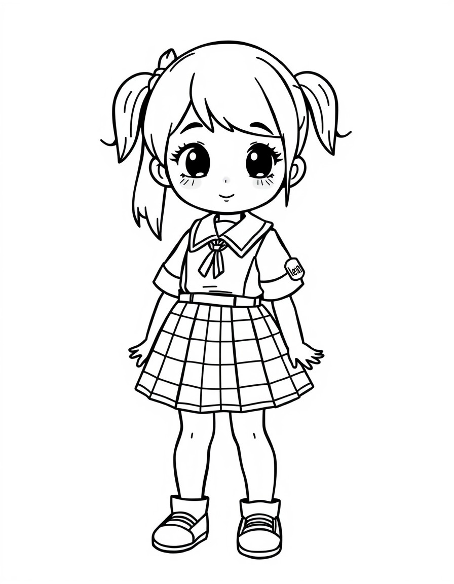 cute school girl withplaid uniform skirt and the name "leah" on the sleeve