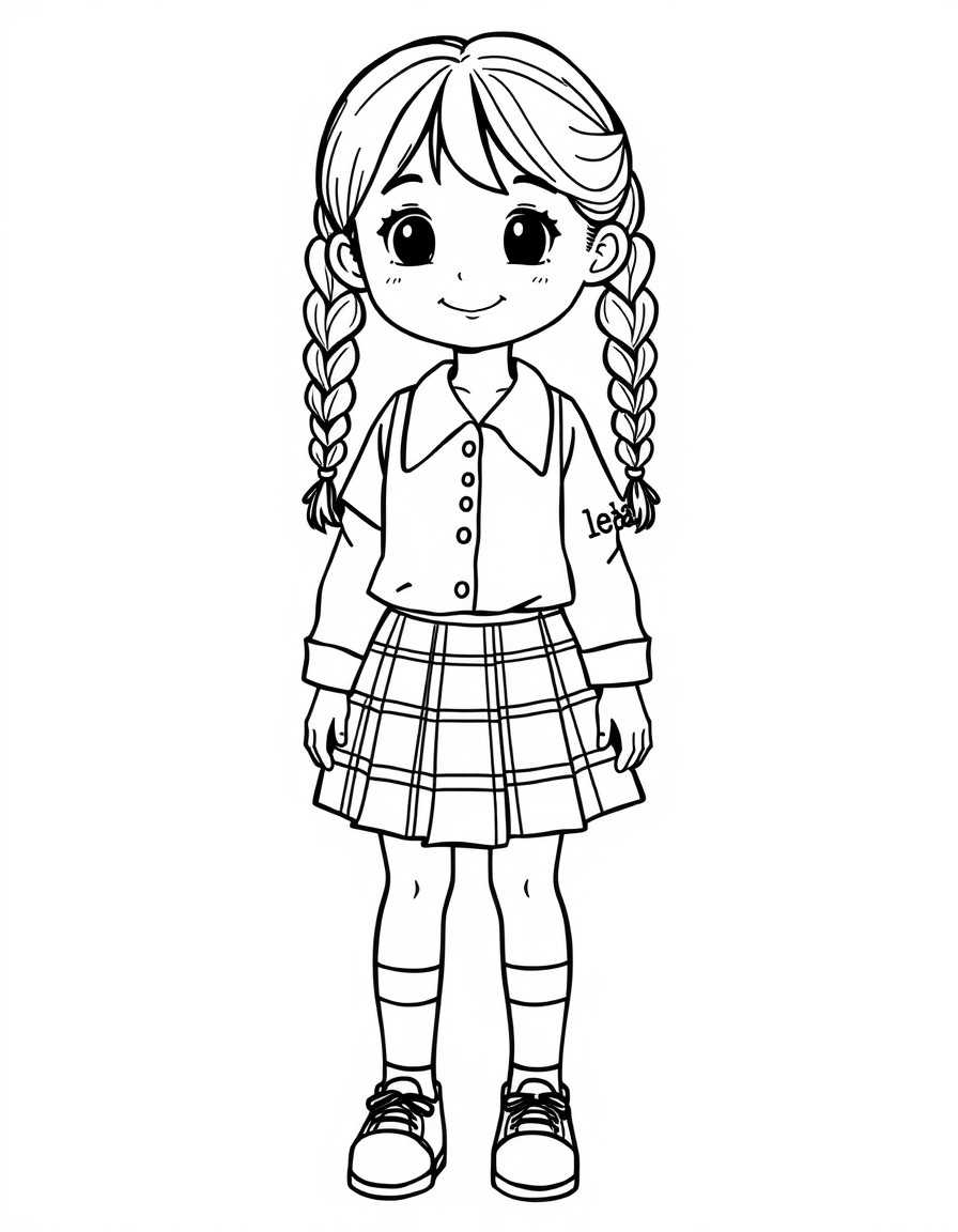 school girl with two braids and plaid uniform skirt and white blouse and the name "leah" on the sleeve