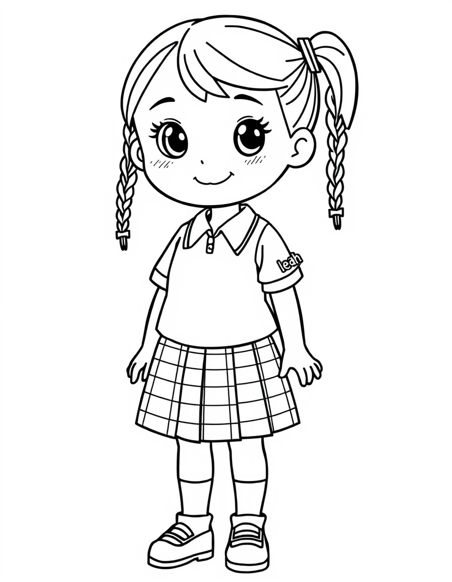 school girl with two braids and plaid uniform skirt and white blouse and the name "leah" on the sleeve