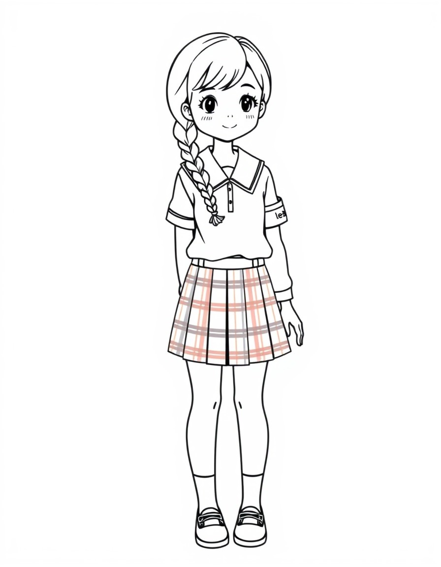 school girl with two braids and plaid uniform skirt and white blouse and the name "leah" on the sleeve