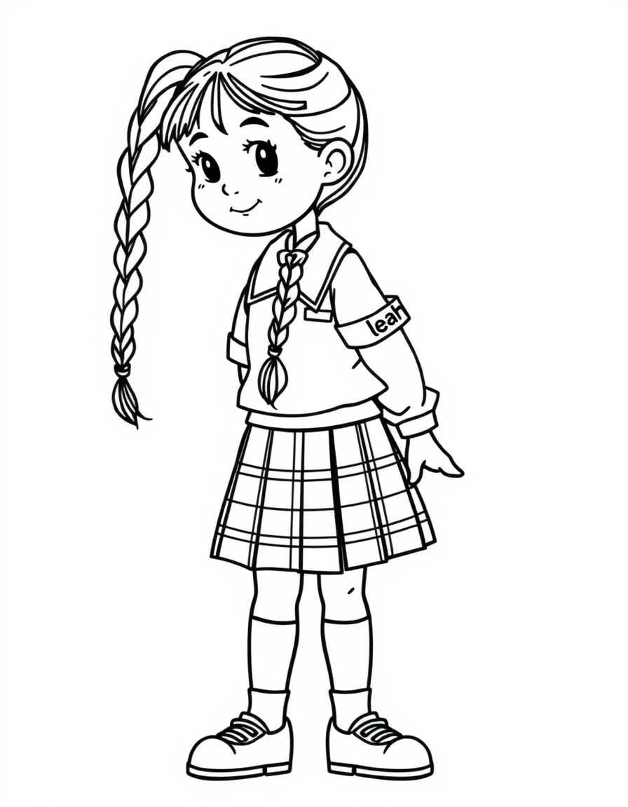 school girl with two braids and plaid uniform skirt and white blouse and the name "leah" on the sleeve